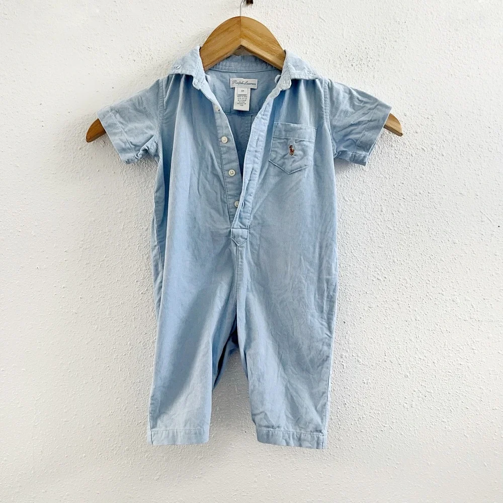 RALPH LAUREN Light Blue Corduroy Classic Romper Size 9M
